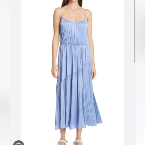 Vince Dresses & Skirts - Vince Tiered Asymmetric Midi Satin Dress In Blue